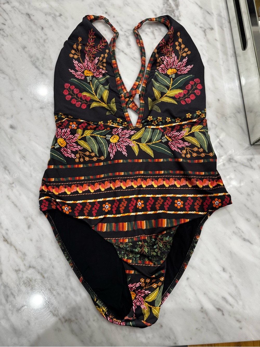 FARM Rio Black Floral One-Piece Swimsuit with Pink, Yellow, Green Accents